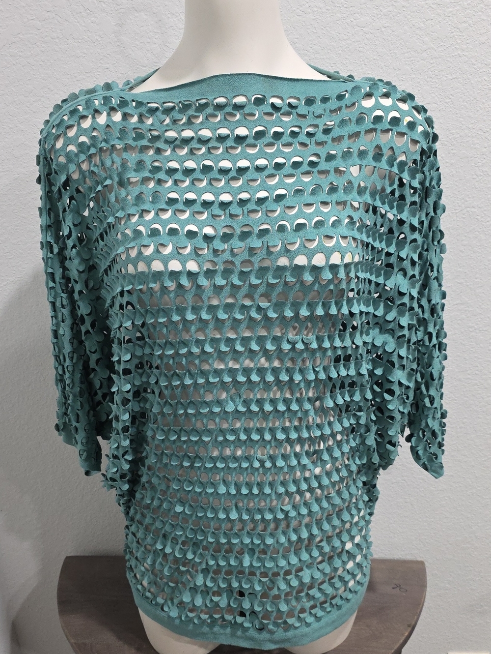 Linea Domani Teal Faux Suede Laser-Cut Batwing Top